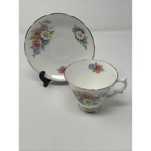 Vintage Crownford Fine Bone China Multi-Colored Daisy Cup & Saucer England